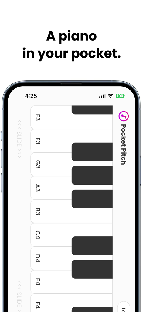 Interfaccia dell'app Pocket Pitch che mostra una tastiera di pianoforte verticale per vocalisti