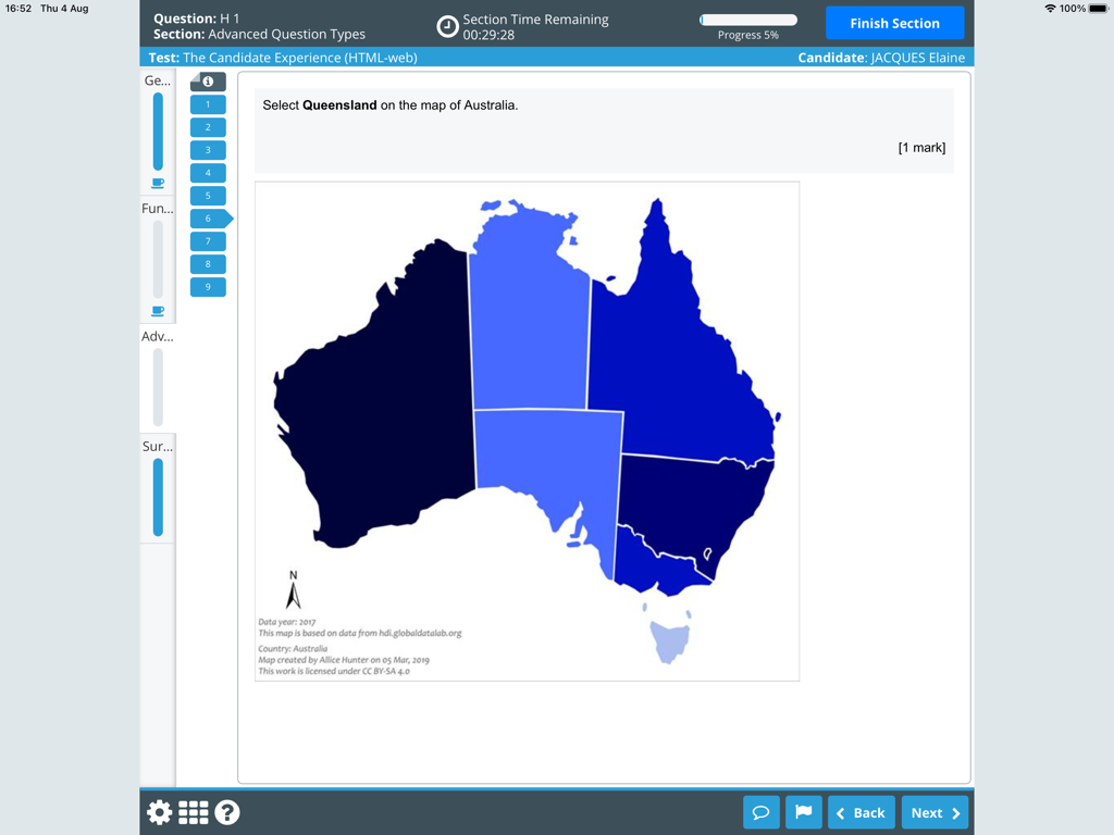 SecureClient - SecureClient interface showing a geography test question with a map of Australia.