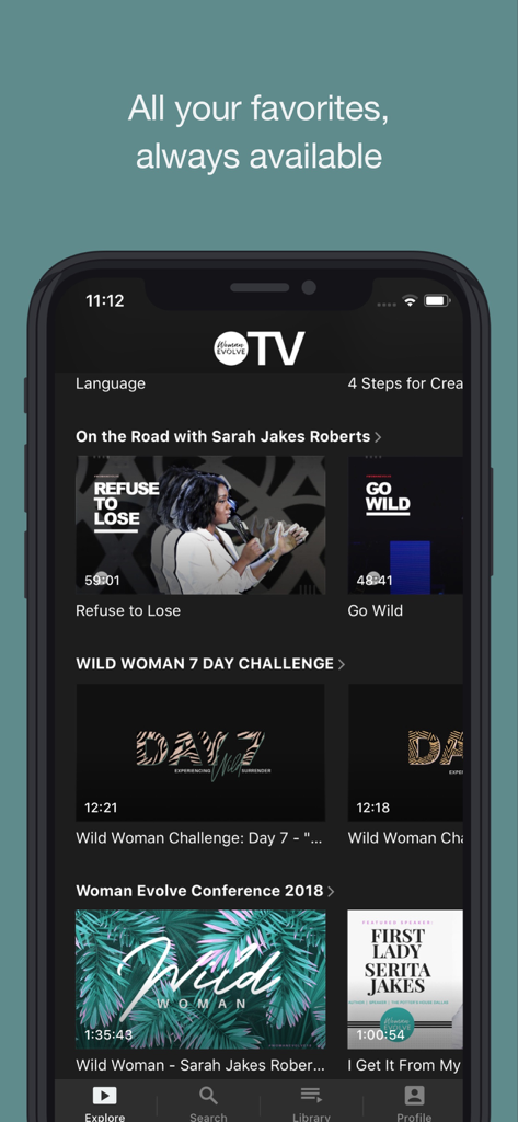 Interfaz de la aplicación móvil Woman Evolve TV mostrando categorías de video y contenido basado en la fe de Sarah Jakes Roberts