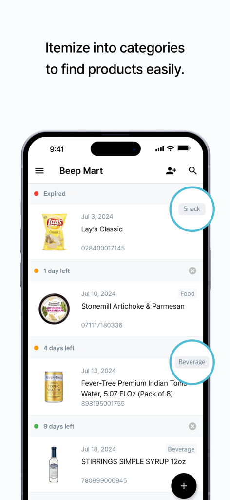 BEEP - Expiry Date Tracking - BEEPアプリのモバイル画面。スナックや飲料などのカテゴリに整理された食料品と、それらの賞味期限が表示されています