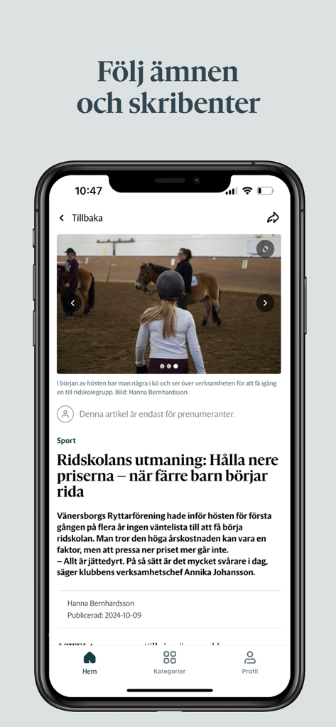 TTELA - A screenshot of the TTELA news app showing a local sports news article about a riding school