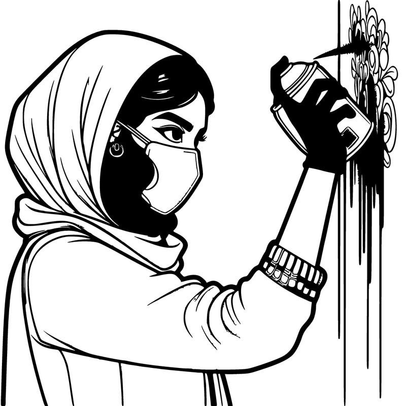 realistic girl with mask spray painting a wall