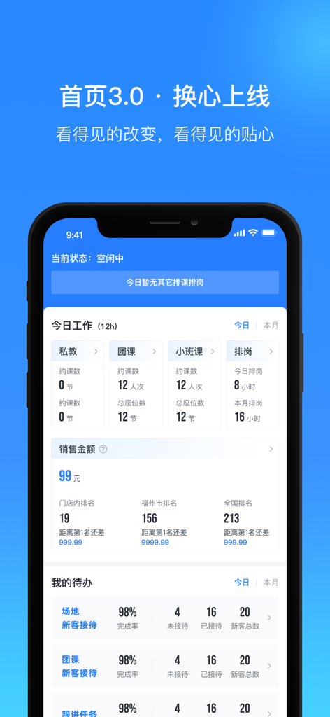 超鹿管家 - Homepage of Super Deer Steward app featuring work schedules, sales rankings, and performance metrics for fitness trainers.