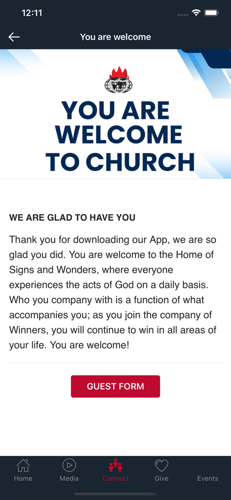Winners Chapel Minnesota - The welcome screen of the Winners Chapel Minnesota app with a greeting and a button for a guest form.
