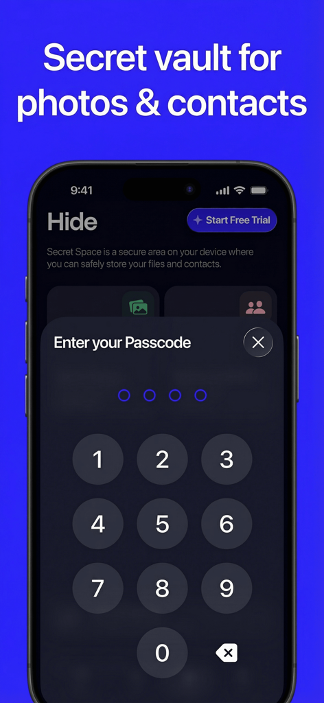 Cleano: Smart Cleaning - Smartphone screen showing a numeric passcode entry for the Cleano app secret vault feature