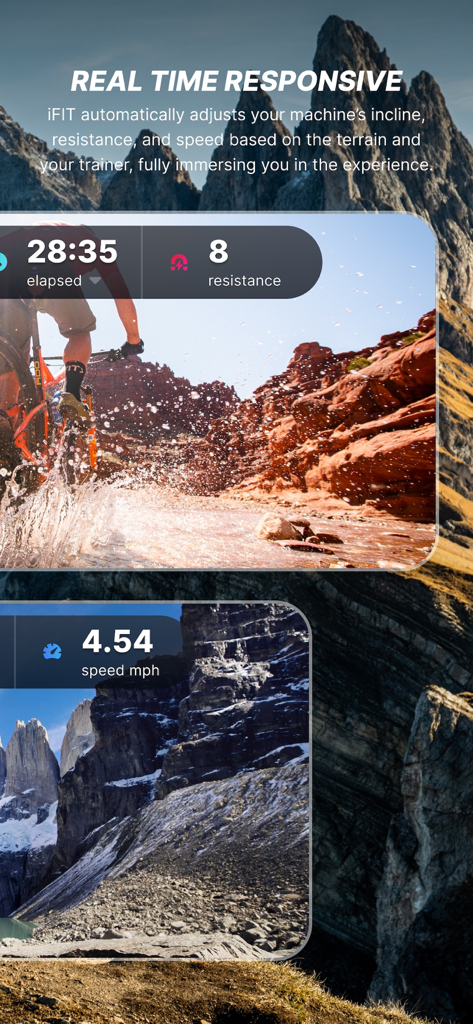 iFIT App-Bildschirm, der Echtzeit-reaktive Metriken für Outdoor-Cycling und Berg-Workouts anzeigt