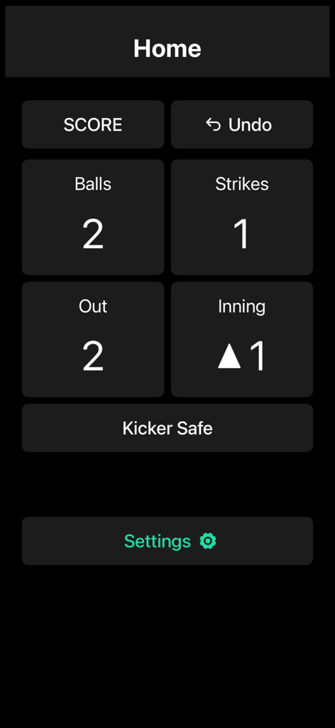 UMP Clickers - A screenshot of the UMP Clickers app home screen displaying the balls strikes outs and inning counts