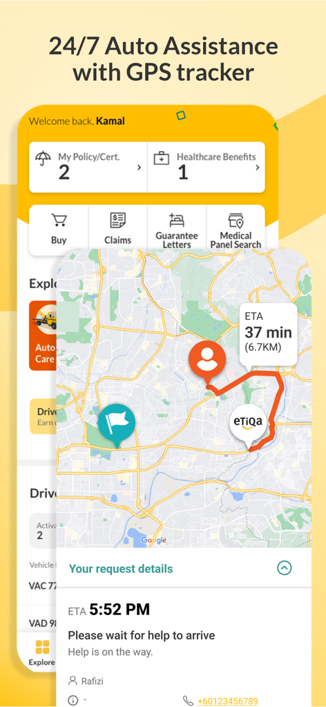 Etiqa plus mobile app interface displaying 24 7 auto assistance with GPS tracking and estimated arrival time