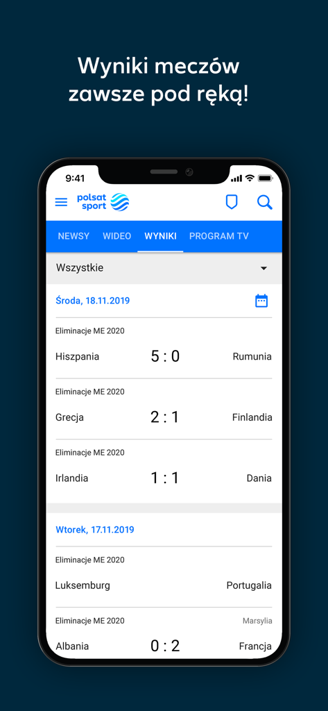 Polsat Sport mobile app interface showing football match scores