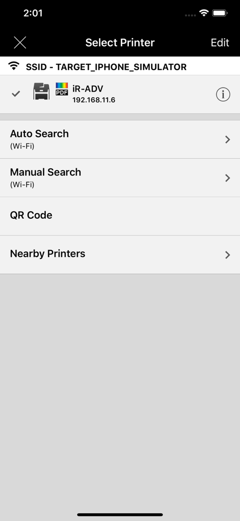 Select Printer screen in Canon PRINT Business app with Wi-Fi search and QR code options