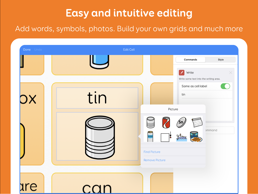 シンボルとテキストのカスタマイズが可能な、Grid for iPad AACの直感的なセル編集機能を表示するインターフェース