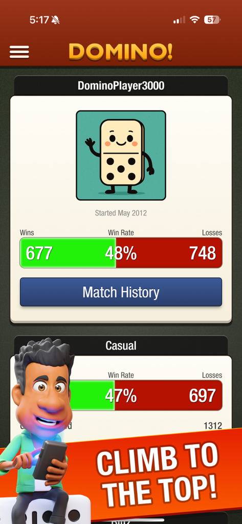 Uma tela de perfil de jogador mostrando taxas de vitória e estatísticas de histórico de partidas no aplicativo Domino.