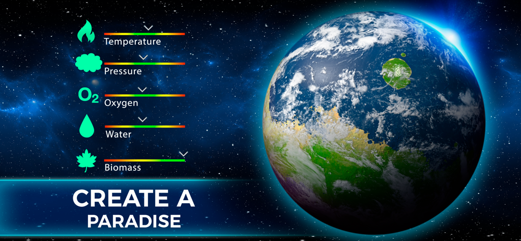 TerraGenesis - Space Settlers - Um planeta no espaço com estatísticas de terraformação para temperatura, pressão, oxigênio, água e biomassa.
