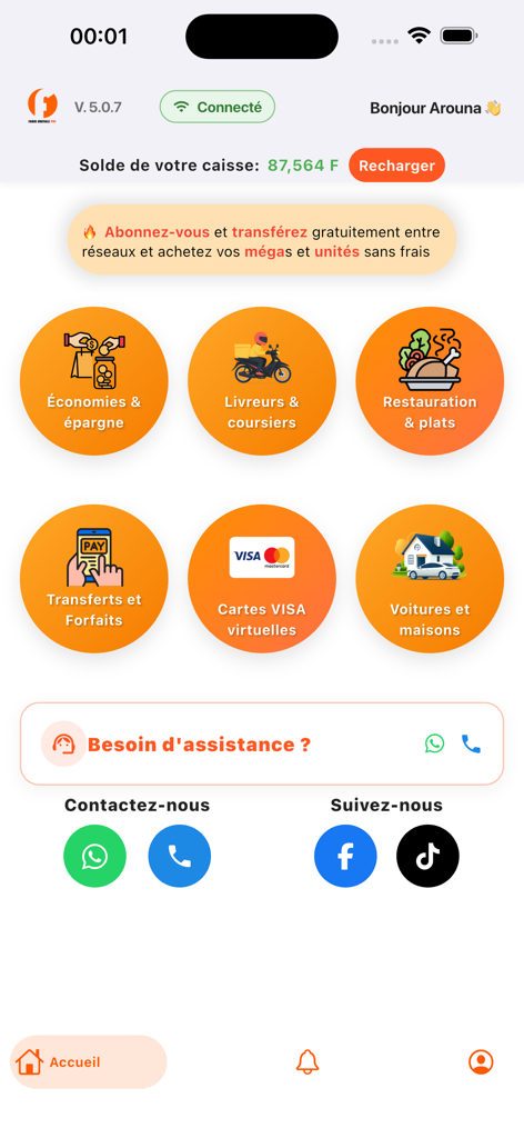 Faris - Main dashboard of the Faris app displaying financial and delivery services.