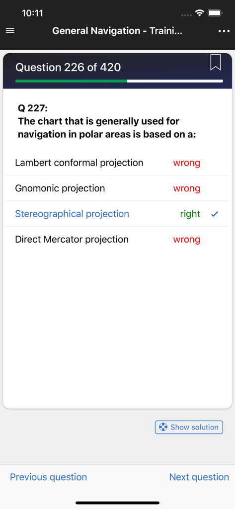 Fasttrack ATPL - Pilot Exams - A navigation exam question on the Fasttrack ATPL pilot training app showing multiple choice answers and feedback