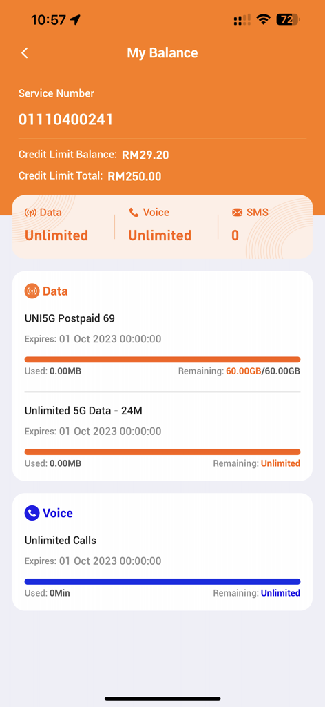 Unifi UniVerse - A screenshot of the Unifi UniVerse app showing current balance and usage for data and voice services