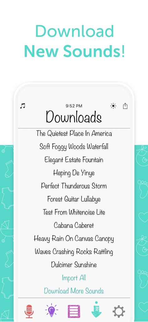 White Noise Baby - Oberfläche der White Noise Baby App, die eine Liste zusätzlicher herunterladbarer Geräusche für Säuglinge zeigt