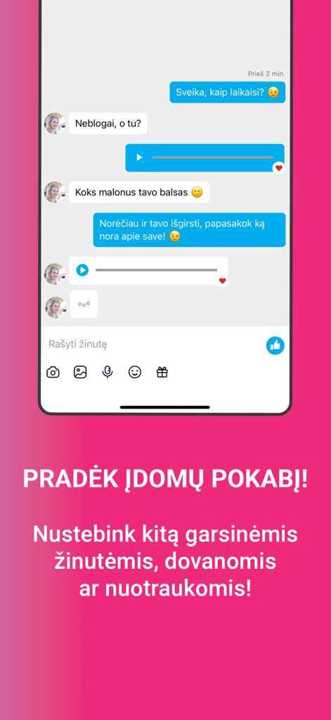 Chat interface of Draugas.lt dating app featuring text and voice messages in Lithuanian