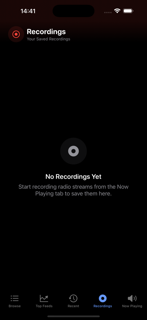 Empty recordings screen in the Police Scanner Radio app