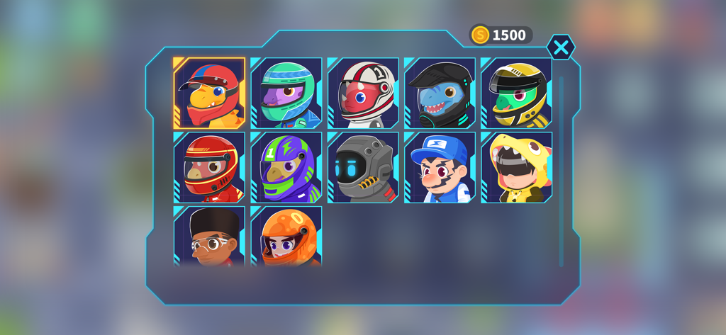 Racing Car Games for Kids - Driver selection menu in Racing Car Games for Kids featuring various cute characters in helmets.