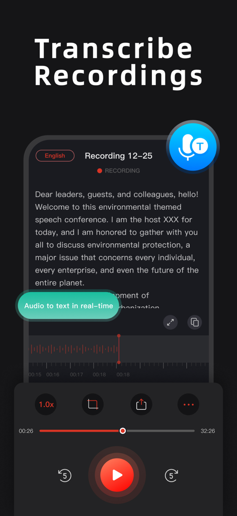 Voice Recorder - Transcript - Interfaz de una aplicación móvil que muestra la transcripción de voz a texto en tiempo real de una grabación de discurso