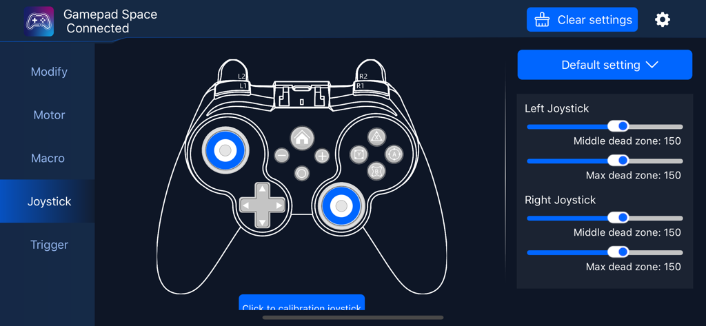 Gamepad Space - Gamepad Space app interface for joystick dead zone calibration and controller settings