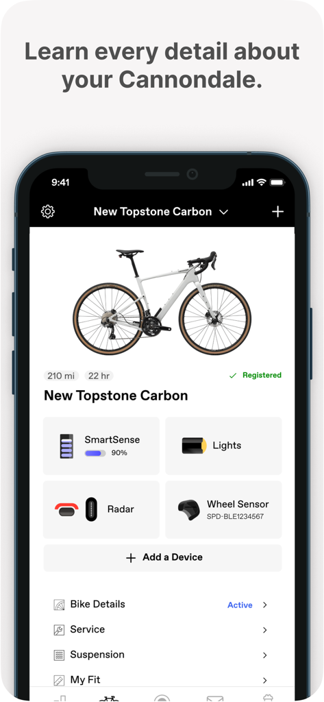 Cannondale - The Cannondale mobile app displaying detailed information and connected sensors for a Topstone Carbon bicycle.