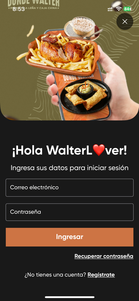 Donde Walter - Login screen for Donde Walter mobile app featuring images of Peruvian rotisserie chicken and fries