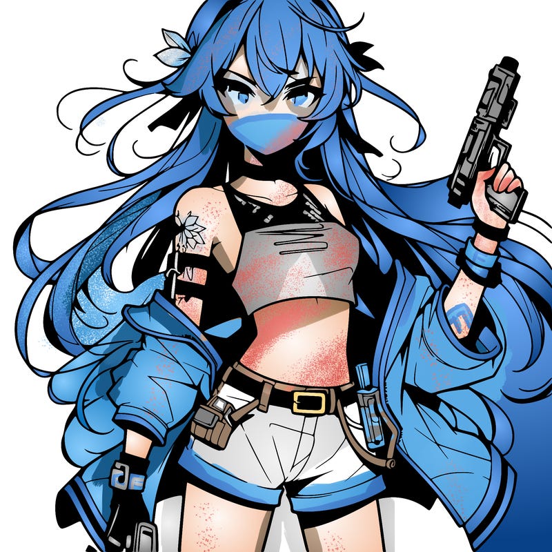 bad girl wearing crop top holding a gun long hair anime