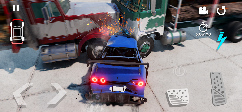 Física realista de choques de autos que muestra un coche deportivo azul aplastado entre dos camiones semirremolque con chispas volando.