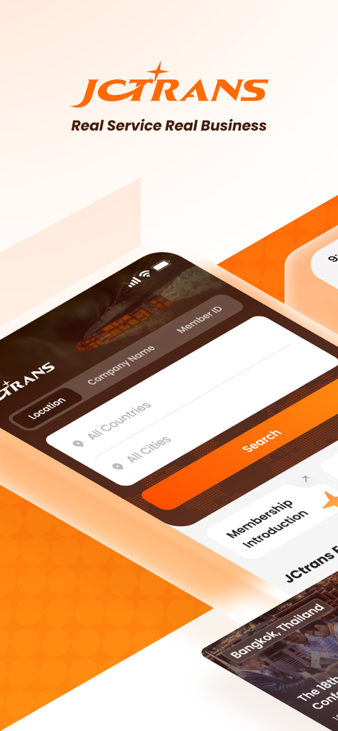 Interface de l'application mobile JCtrans pour rechercher des transitaires mondiaux et des entreprises de logistique par emplacement
