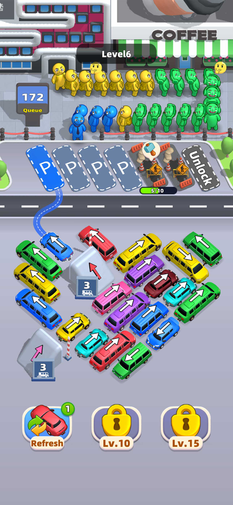 A top-down view of a colorful car sorting puzzle game where players must clear a traffic jam to pick up characters in a queue.