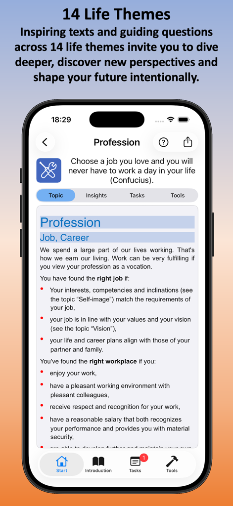 Life-Improver - Selfcoaching - Life-Improverアプリのキャリアコーチングアドバイスとライフテーマを示すモバイルアプリインターフェース