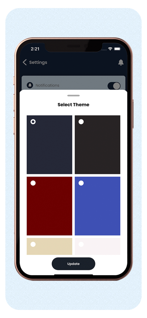 RAHMATH PATHIPPAGAM - Settings screen of the Rahmath Pathippagam app showing a theme selection modal with multiple color options.