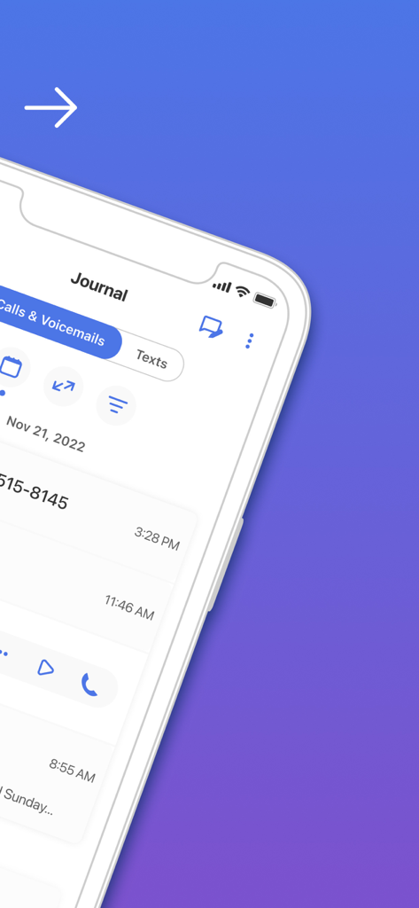 MightyCall Classic app showing the call and voicemail journal screen on an iPhone