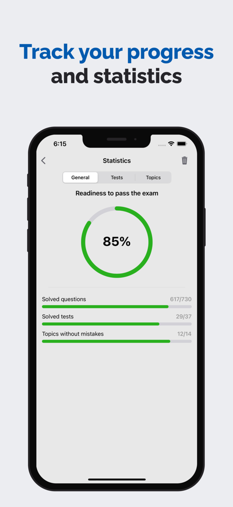 ADI Theory Test Kit 2026 RAY - ADI Theory Test app statistics screen showing 85 percent exam readiness and progress tracking