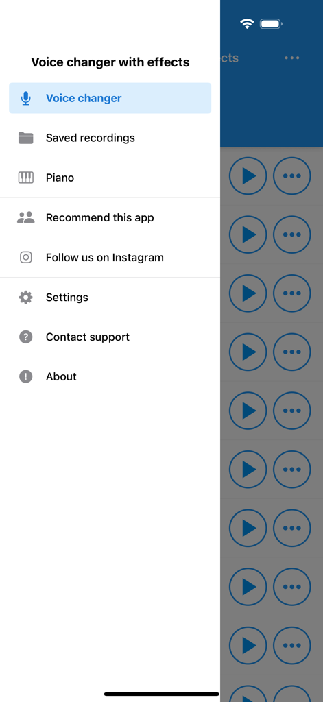 Navigation menu for Voice changer with effects app showing features like Piano and Saved recordings