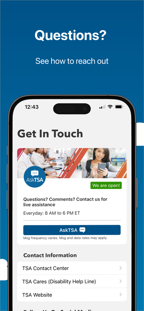 MyTSA - MyTSAアプリのお問い合わせ画面に、ライブアシスタンスの営業時間と連絡先情報が表示されています
