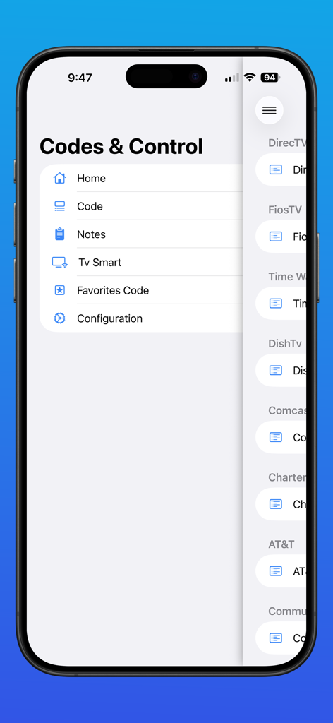 Smart TV Remote IP WIFI PRO - Navigation menu and list of TV service providers in the Smart TV Remote app