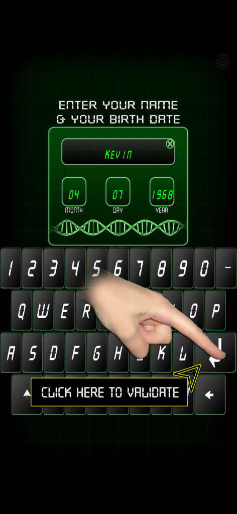 Fingerprint Scan Simulator - Oberfläche zur Eingabe von Name und Geburtsdatum in der Fingerabdruck-Scan-Simulator-App