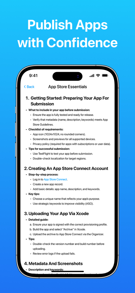 Developer - Create App Guide - Ein mobiler App-Screenshot mit dem Titel "App Store Essentials", der eine nummerierte Anleitung für die App-Einreichung und das Xcode-Hochladen zeigt