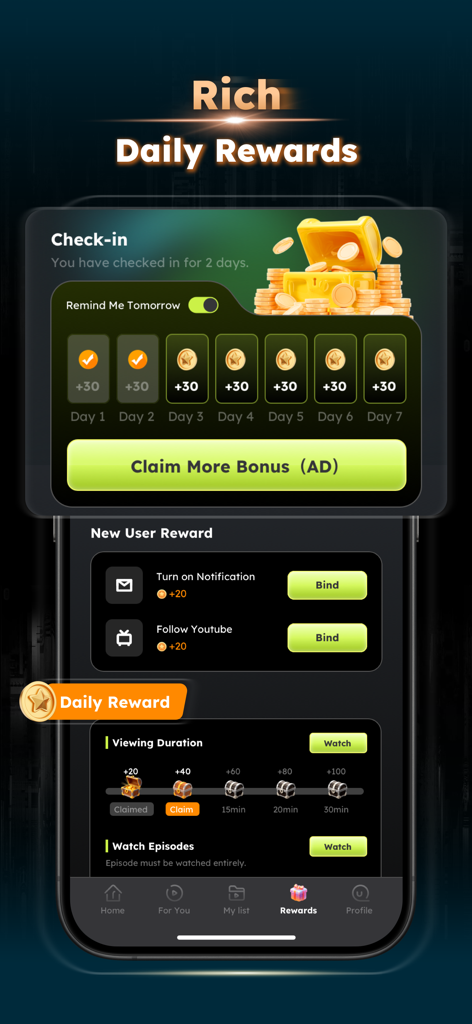 Sereal Plus app daily rewards and check in screen showing coin bonuses and user tasks