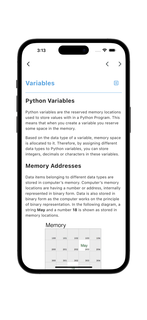 A lesson screen from the Learn Python 3 Programming app explaining Python variables and memory addresses with a diagram.