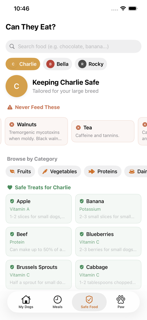 Mobile app screen showing a food safety guide for dogs with categories for safe and toxic human foods.