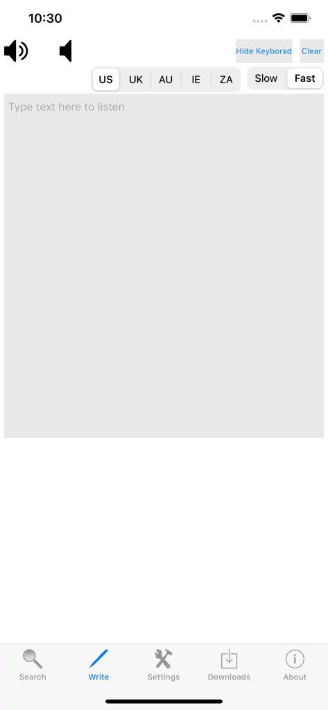 Interface do aplicativo Dicionário de Áudio de Inglês mostrando o recurso de conversão de texto em fala com seleção de sotaque e controles de velocidade de reprodução.