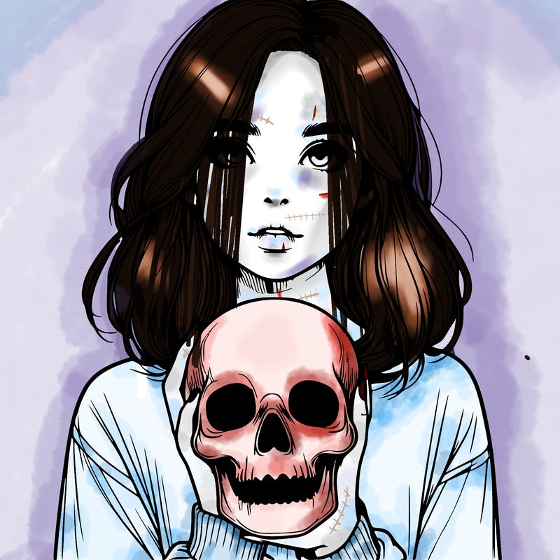 realistic girl holding a skull