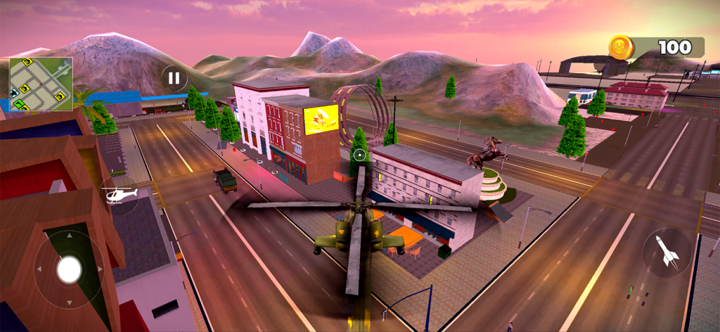 Rogue City Crime Gangster Game - A military helicopter flying over city streets in the Rogue City Crime Gangster Game.