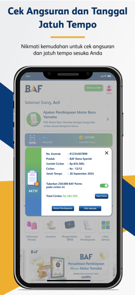 BAF Mobile app screen showing installment amount, due date, and payment history options.