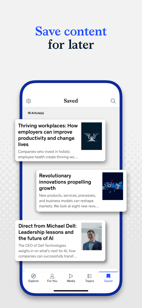 McKinsey Insights - McKinsey Insights app interface showing saved articles for later reading
