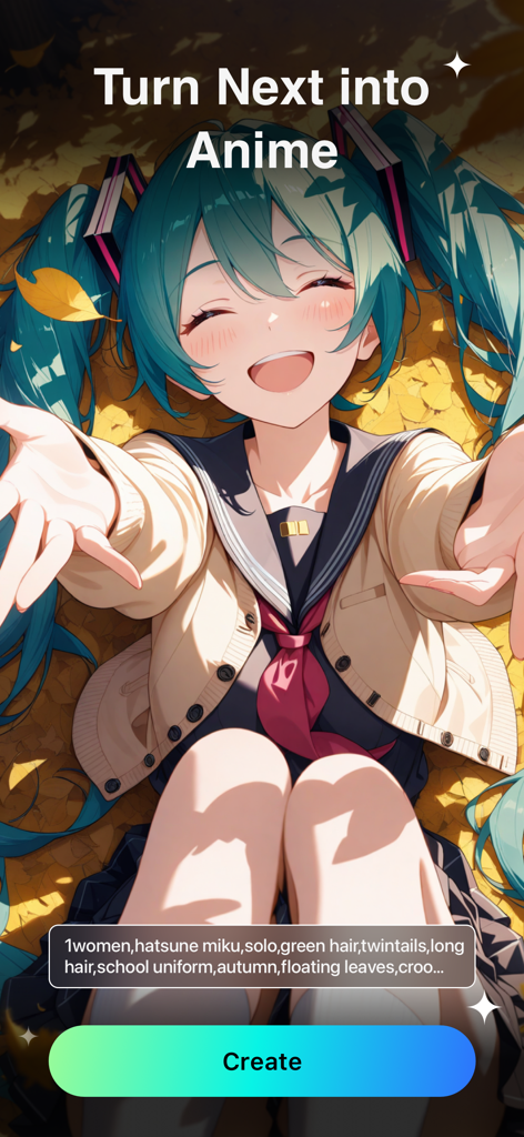 AI-generated anime art of Hatsune Miku lying on autumn leaves with a text prompt overlay